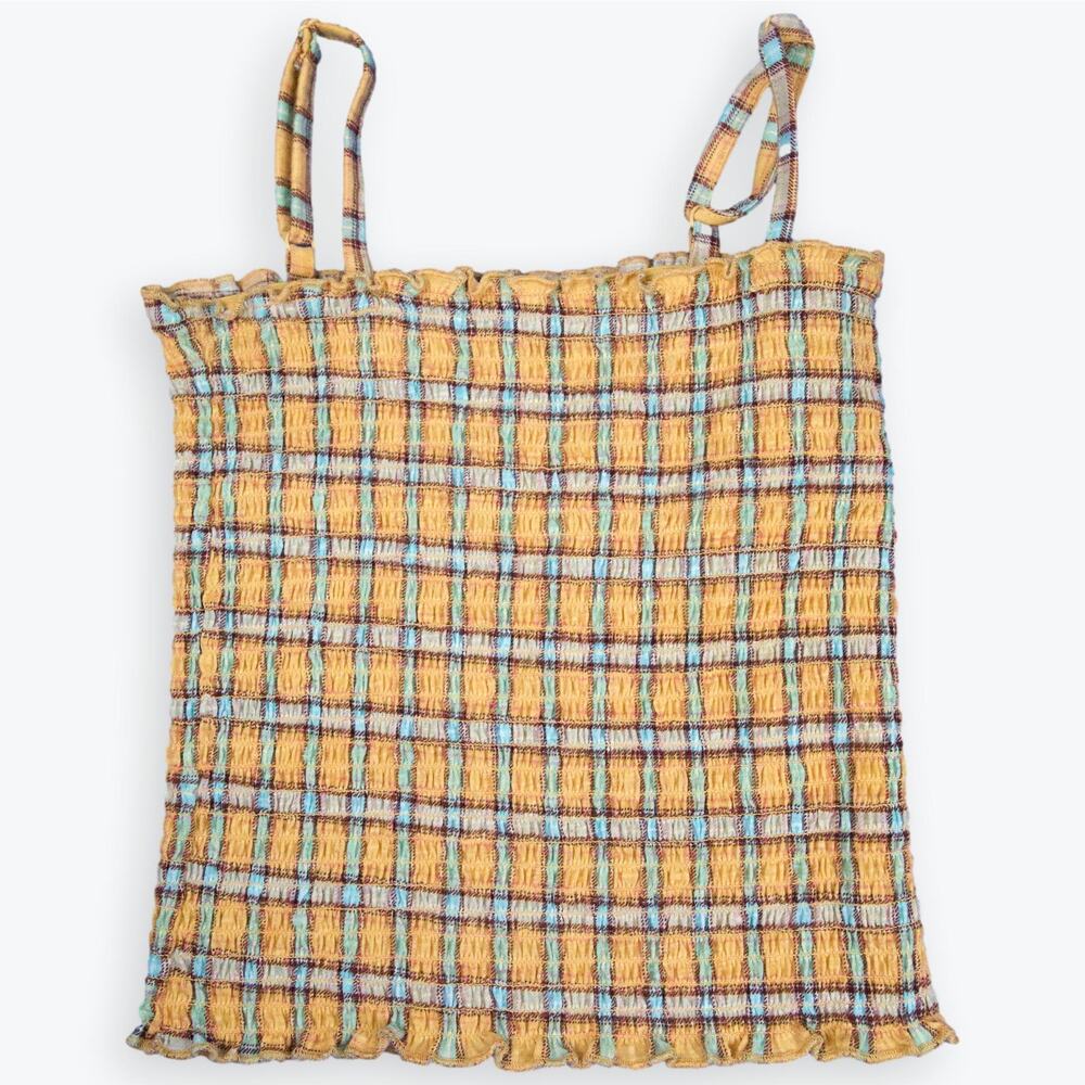 Crave Fame Juniors Yellow White Black Plaid Smocked Sleeveless Top M